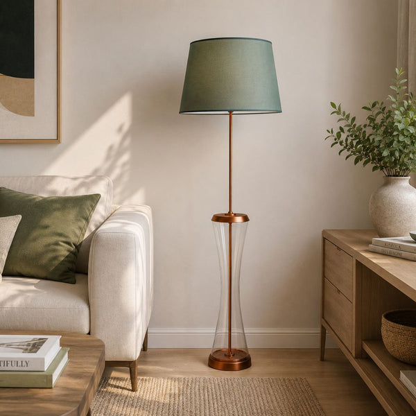 Lámpara de pie GHENT de cristal, madera y metal con columna